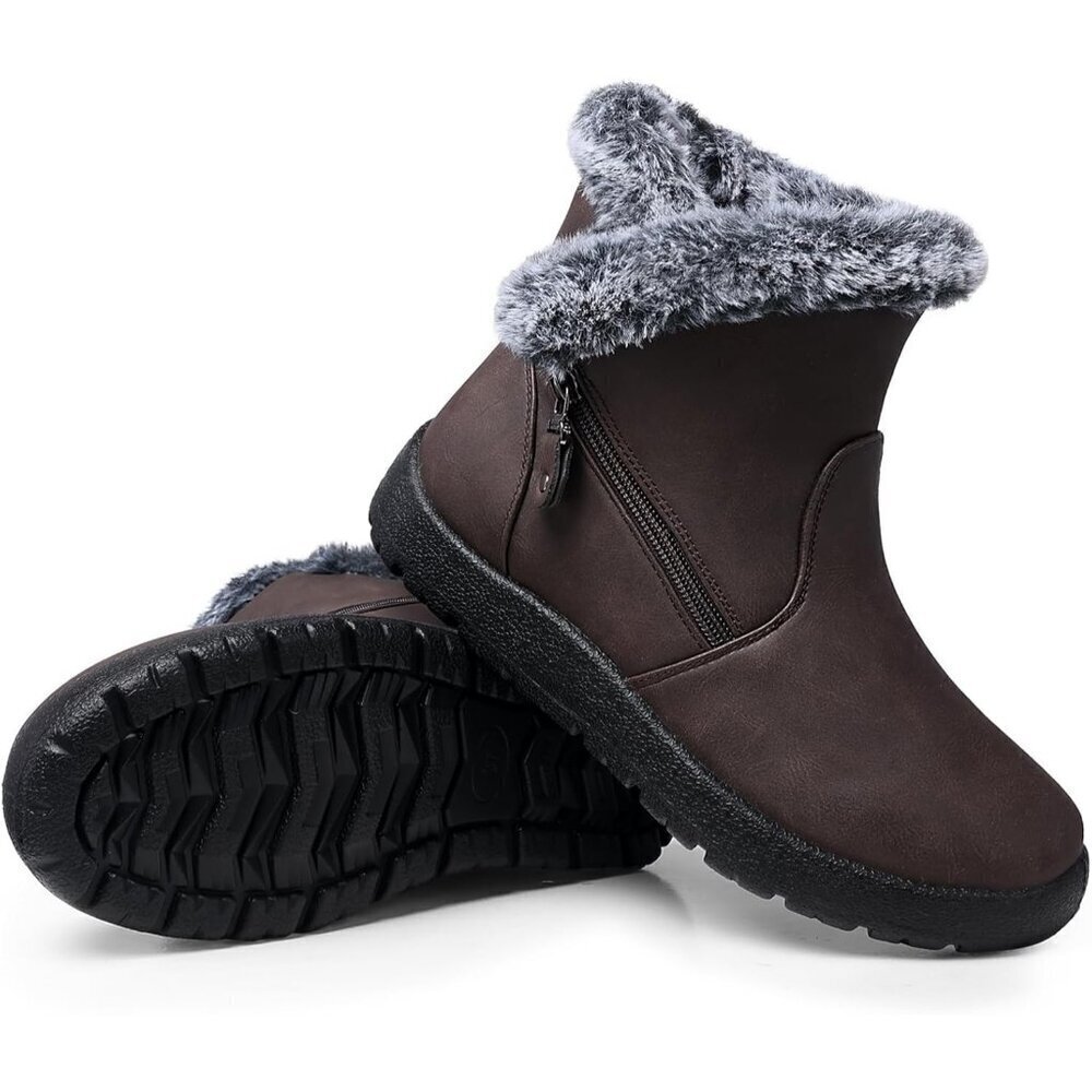 SHIBEVER Women Waterproof Winter Snow Boots Brown Ankle Fur Lined Warm Shoes Pro